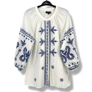 New Calessa Blue Embroidered Crew Neck 3/4 Sleeve Peasant Tunic Shirt Sz S